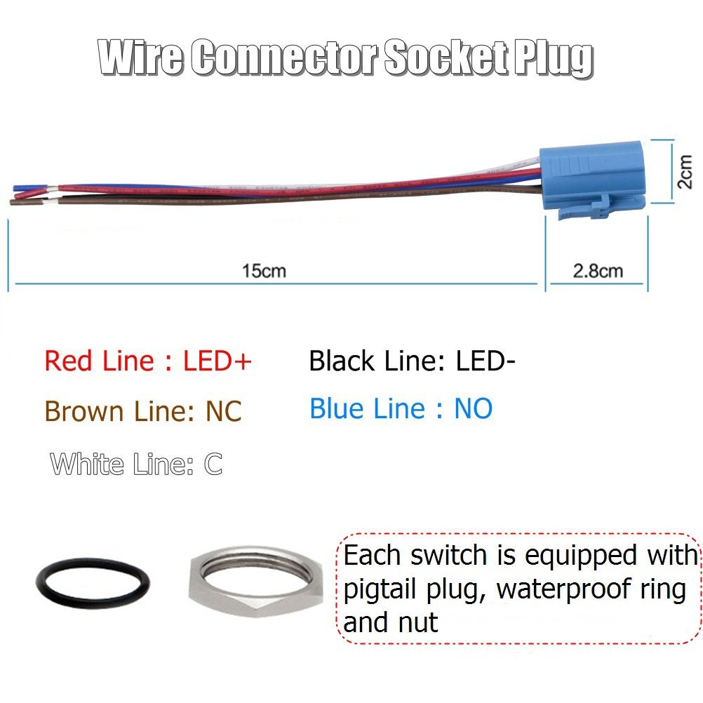 Quentacy 19Mm 3/4 Latching Push Button Switch 12V 48V Dc Led Power Symbol On-Off Waterproof Toggle Switch Stainless Steel Shell With Wire Connector Plug(Blue Light)