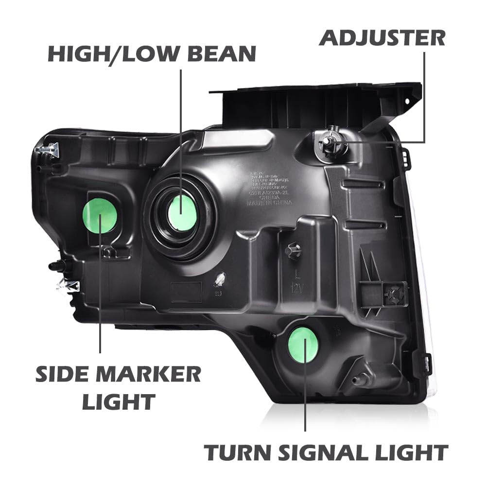 Pit66 Headlight Assembly Compatible With 2009-2014 Ford F150, Left And Right Driver & Passenger Halogen Headlamp Replacement Cle