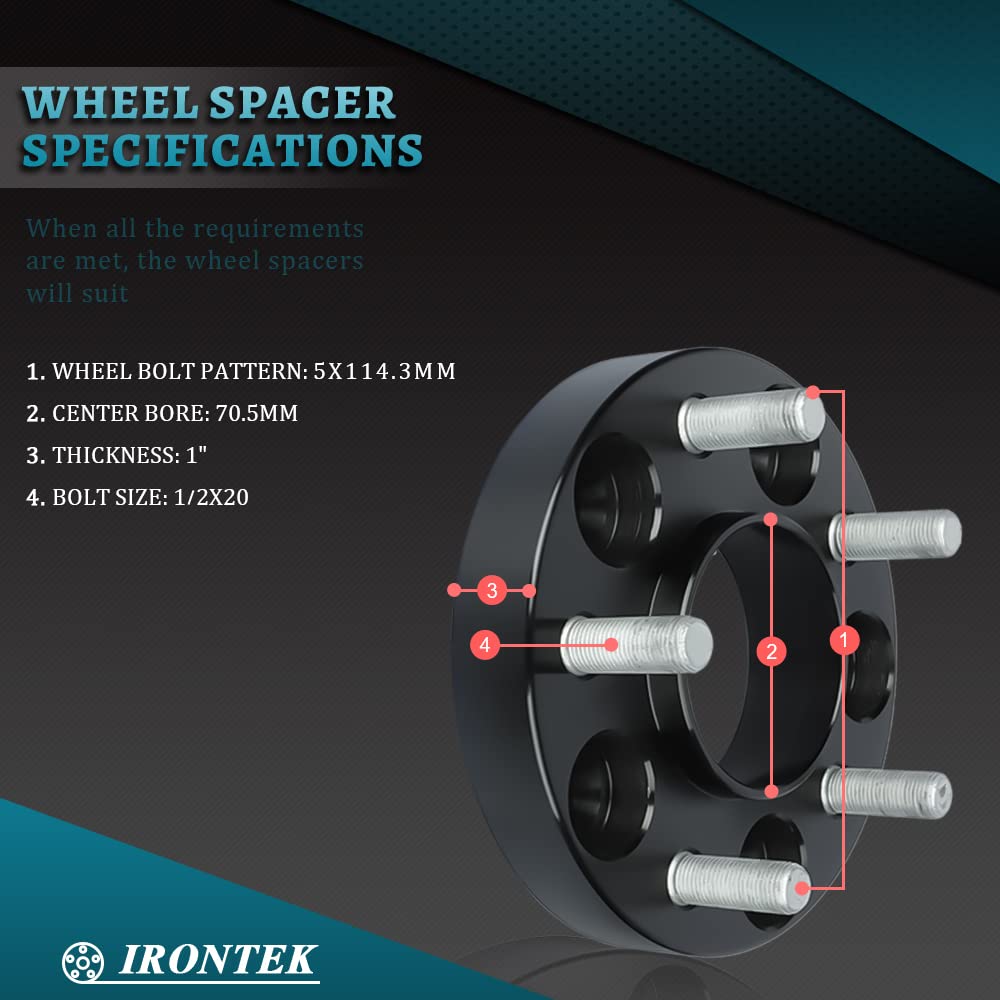 Irontek 1In Hubcentric Spacers 5X114.3Mm (70.5Mm Bore, 1/2X20 Studs) 5X4.5 To 5X4.5 Wheel Spacers Adapter 25Mm Fits Ford Explore
