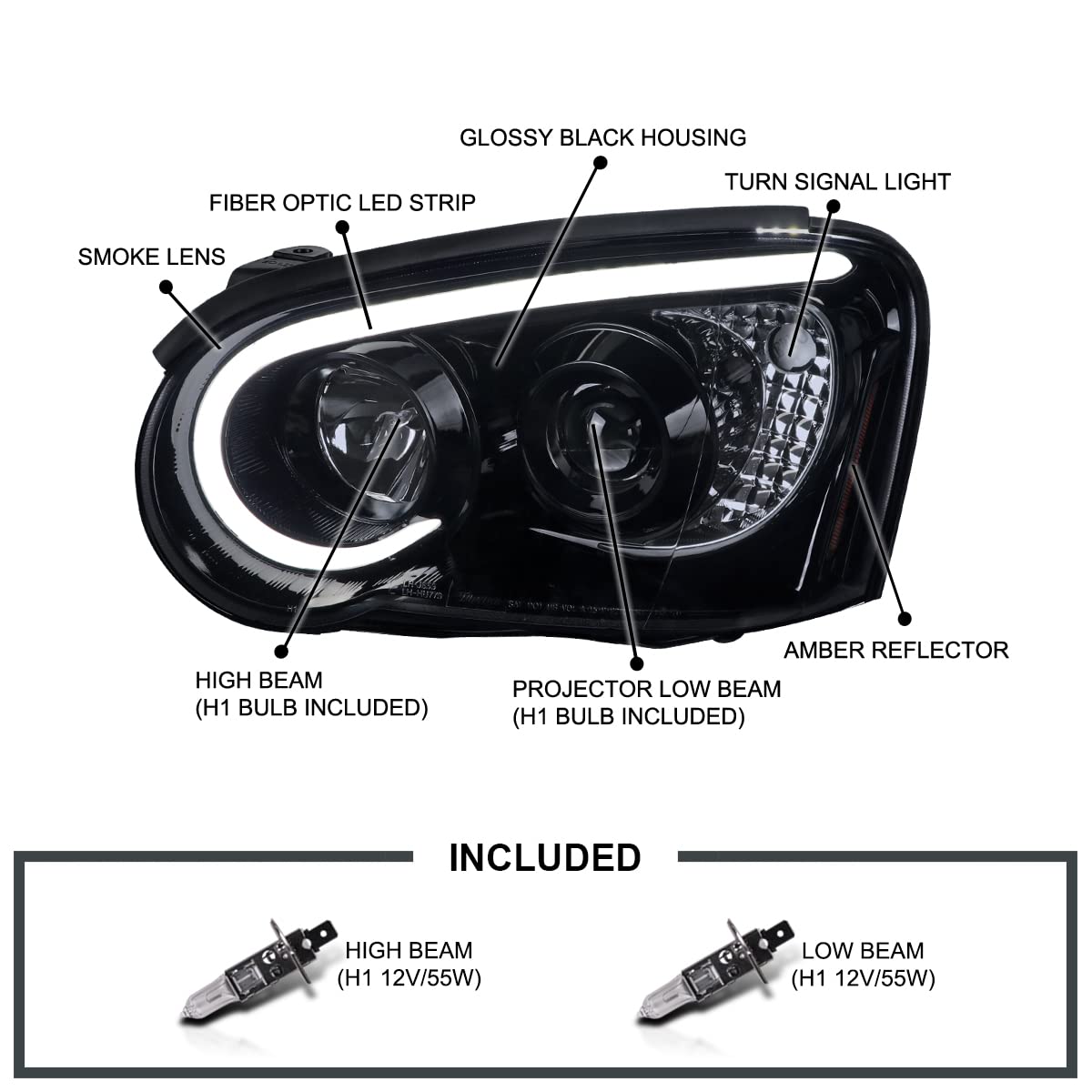 Spec-D Tuning Led Light Bar Glossy Black Housing Smoke Lens Projector Headlights Compatible With 2004-2005 Subaru Impreza Rs/Wrx