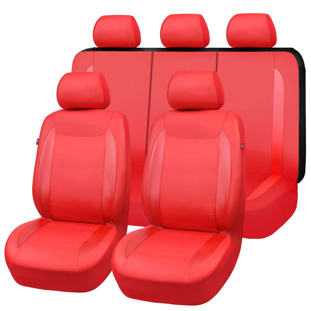 Flying Banner Car Seat Covers Protects Water Proof Faux Leather Carbon Fiber Fronts Rear Bench Covers (Red Red, Full Set - 8Pcs)
