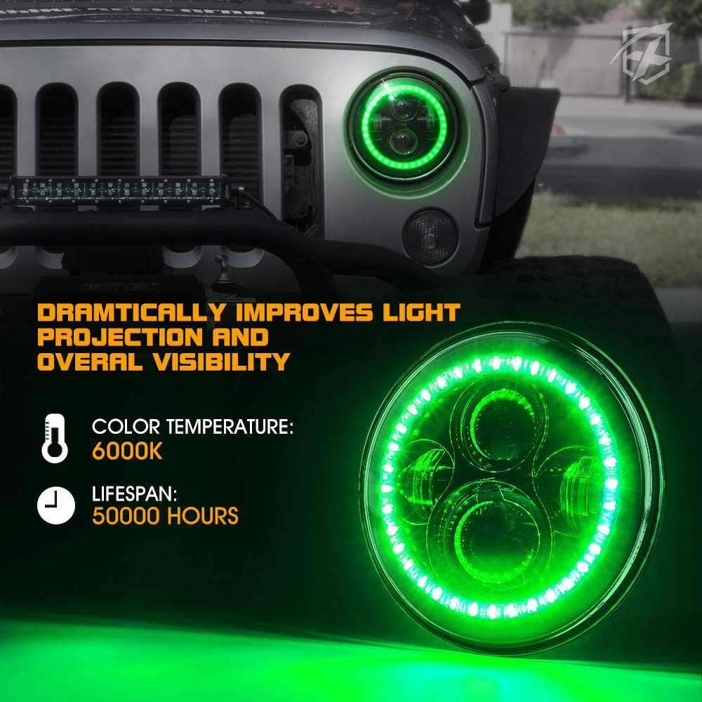 Xprite 7 Inch 90W Led Headlights With Green Halo Compatible With 1997-2018 Jeep Wrangler Jk Tj Lj (Dot Approved), Led Chip, 9600