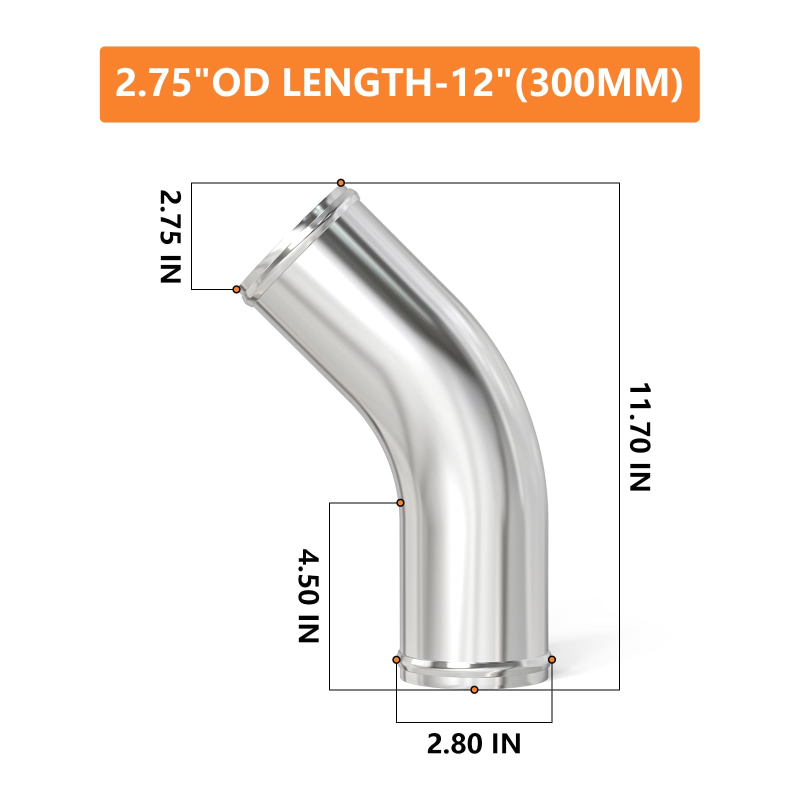 Gasher 1Pcs 45 Degree Elbow Aluminum Alloy Tube 2.75''Od, Leg Length 12'' (300Mm) With Bead Roll, Intercooler Pipe For Intake An