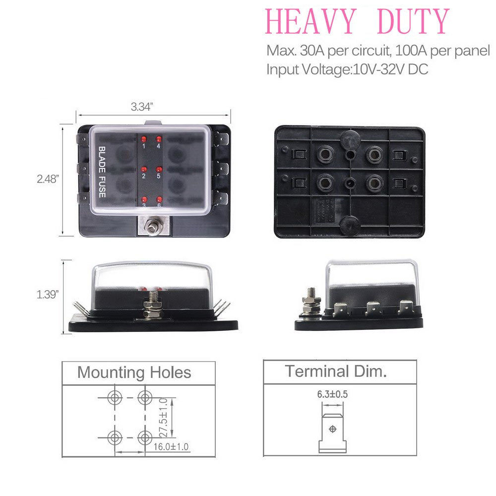 6-Way Rv Fuse Block Blade Fuse Box Dc12~32V 12V Junction Box Jtron Led Indicator Fuse Block For Blown Fuse Protection Cover 100 Amps For Automotive Car Boat Marine Trike