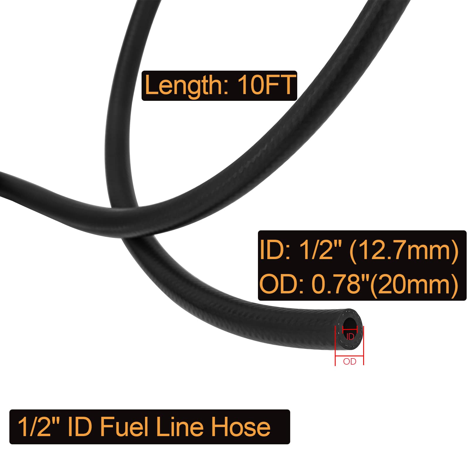 1/2'' ID Fuel Line Hose SAE 30R7, 150 psi 10' Length Fuel Hose