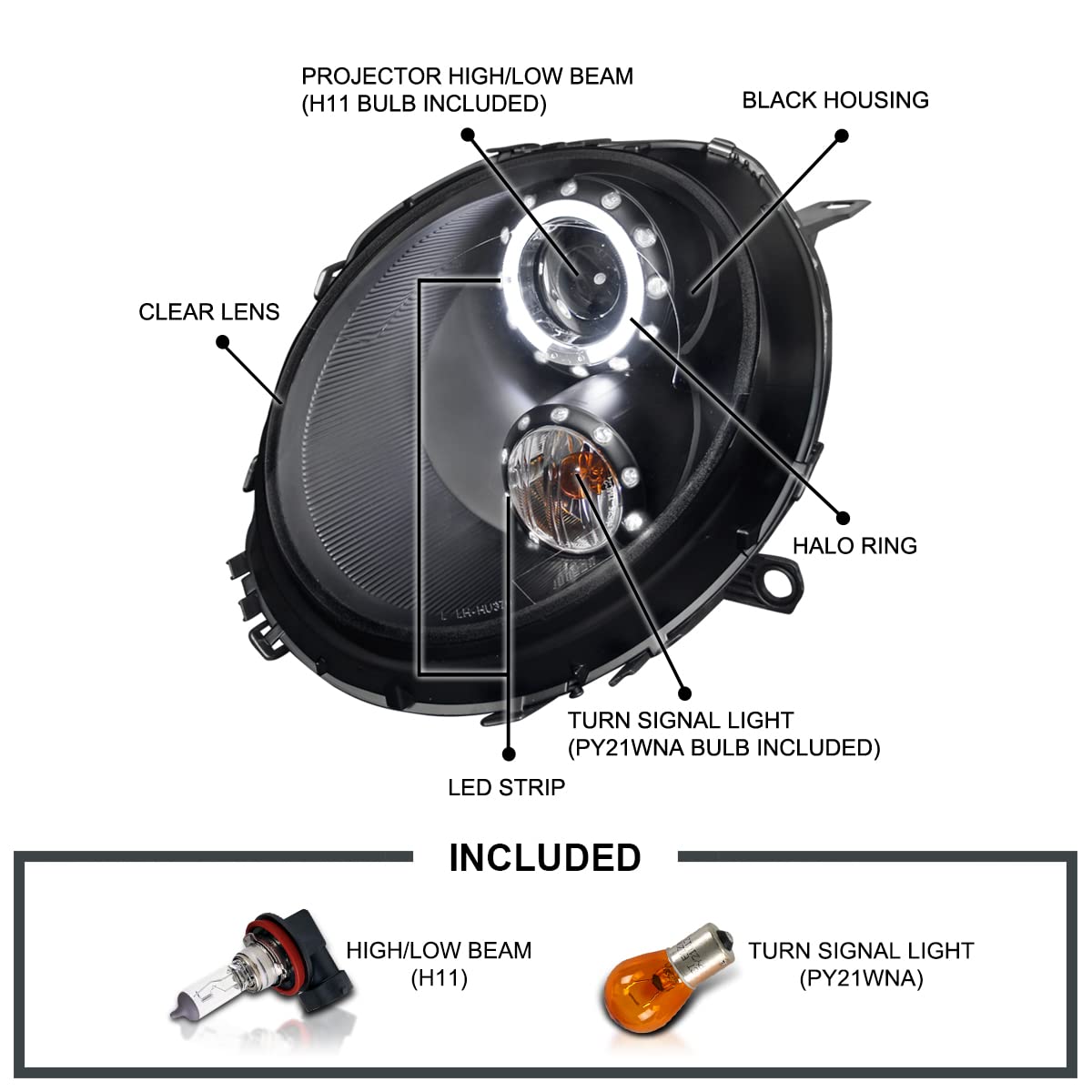 Spec-D Tuning Halo Ring Black Projector Headlights Compatible with 2007-2013 R56 MINI Cooper Models Left + Right Pair Headlamps
