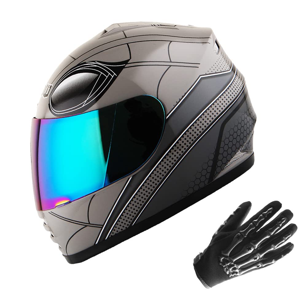 Wow Youth Motorcycle Full Face Helmet Street Bike Bmx Mx Kids Spider Black + Mx Skeleton Glove Bundle