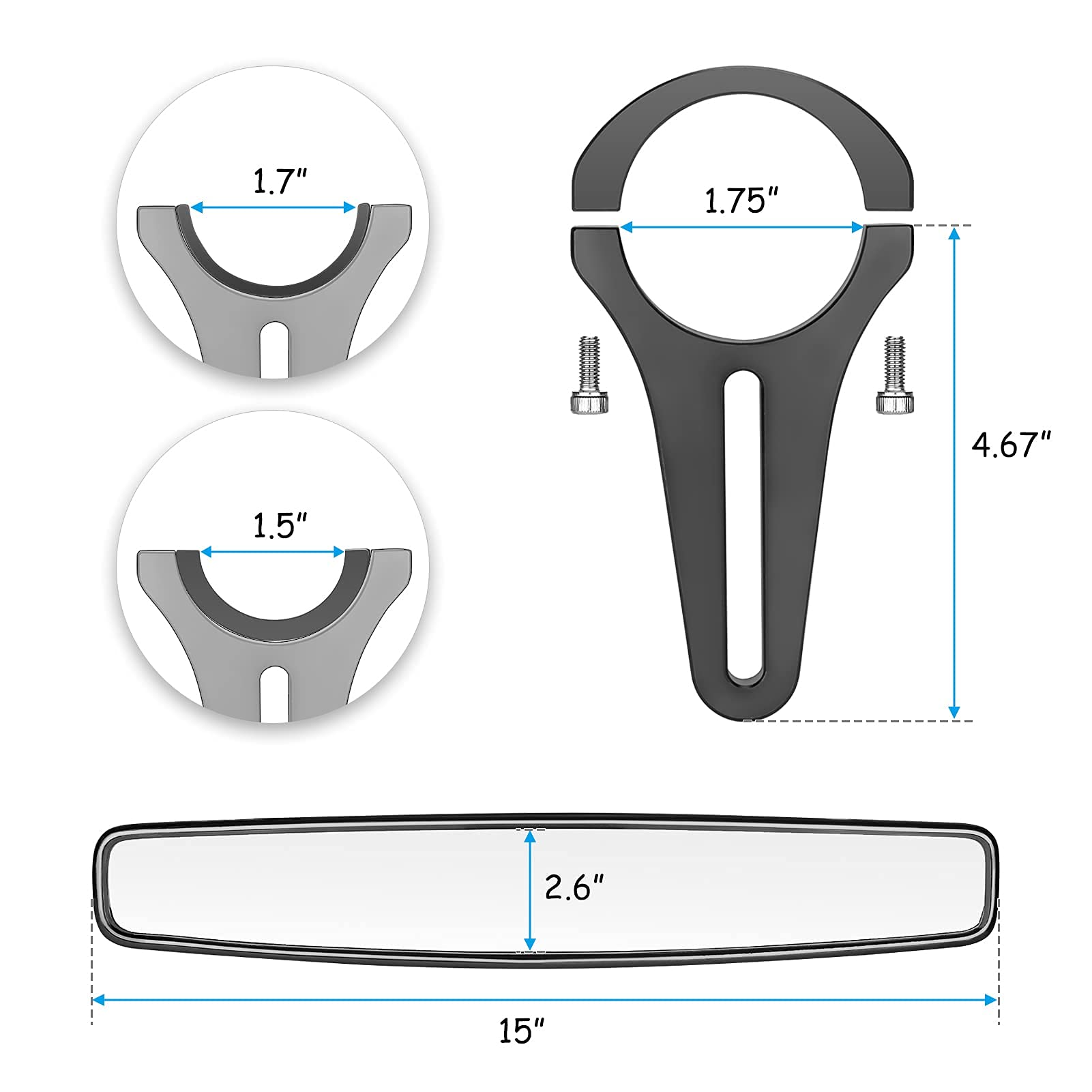 Dasen 15' Rear View Convex Mirror W/Adjustable Clamp Kit For 1.5''/1.75'' Roll Round Bar Compatible With Polaris Rzr 800 900 1000 Ranger Arctic Cat Wildcat Kawasaki Teryx Yamaha Wolverine