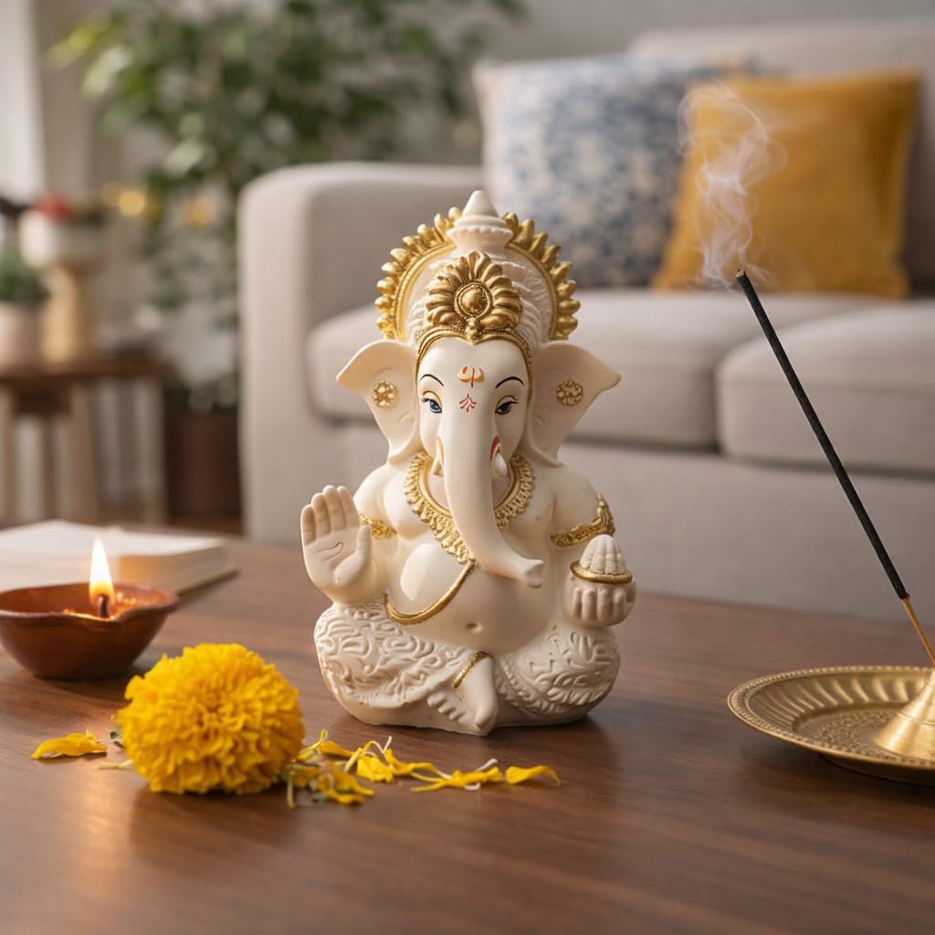 Ecraftindia Peach Ivory Finish Lord Ganesha Statue For Car Dashboard, Home Decor, Office Desk & Puja Room | Ganesh Murti Gift