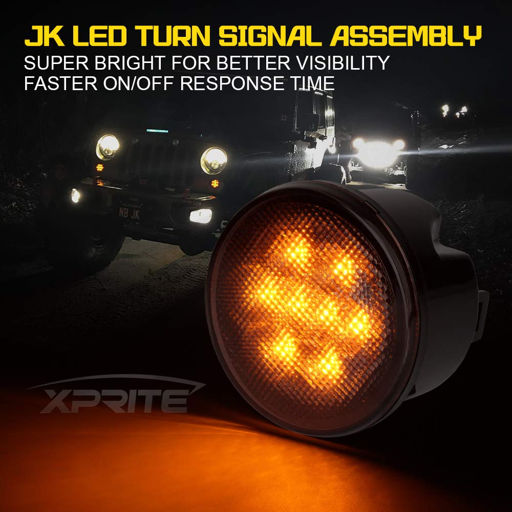Xprite Amber Smoke Lens Led Turn Signal Lights Assembly With Parking Funtion Compatible With 2007-2018 Jeep Wrangler Jk & Wrangl
