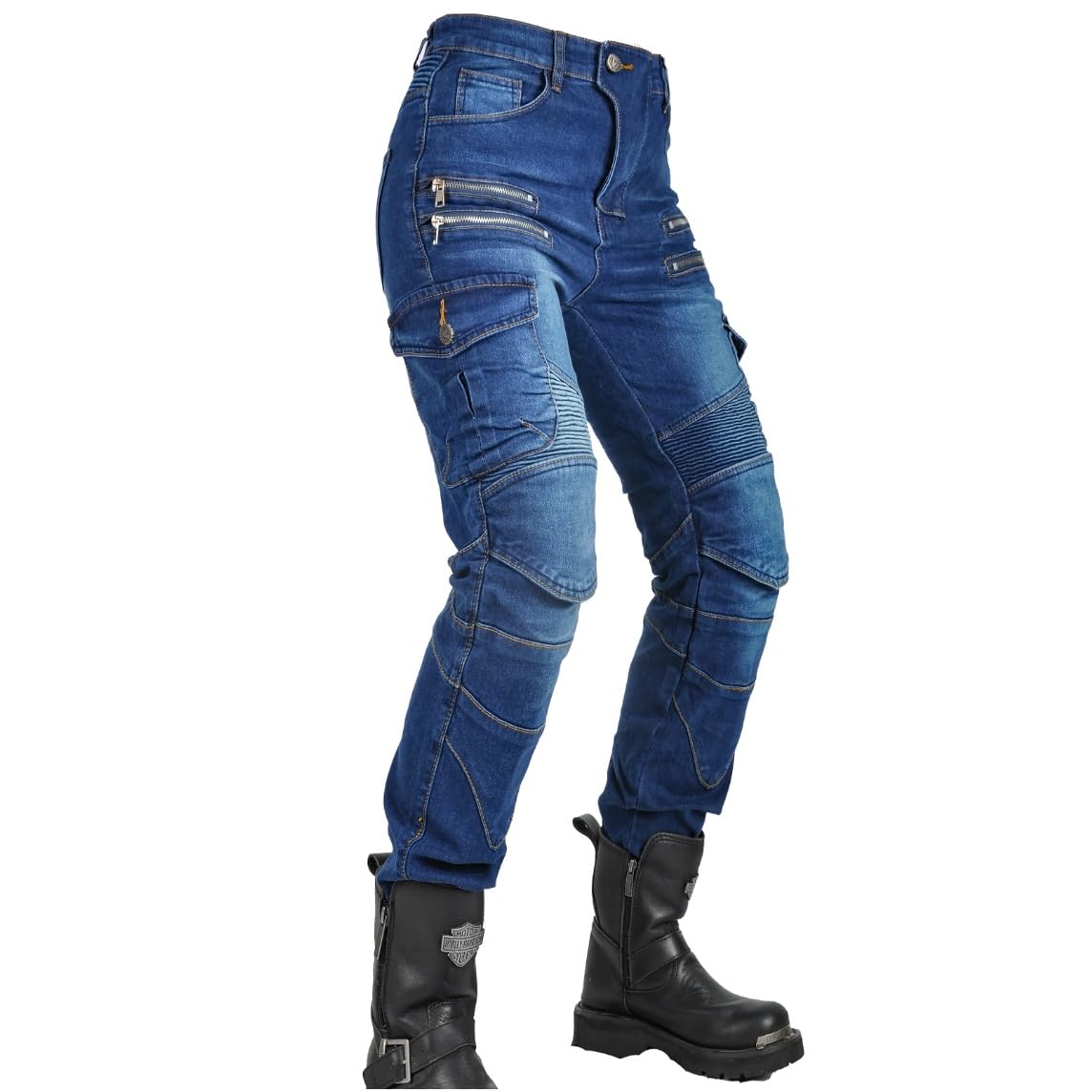 WILLIAMHUA Women Moto Jeans Motorcycle Pants Motorbike Biker Trousers with Protector (US, Waist Inseam, 26, 30, Blue-Zip)