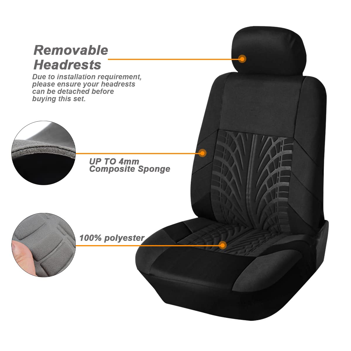 Car Seat Covers Full Set, Polyester Front Bucket Seat Protectors With Split Bench Back Seat Covers, Breathable Thicken Premium Sporty Seat Cushions, Auto Accessories For Car, Suv (Black/Front,Back)