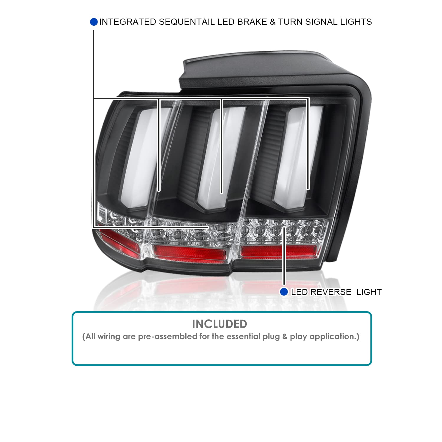 Spec-D Tuning Black Housing Clear Lens Sequential Led Bar Tail Lights Compatible With 1999-2004 Ford Mustang, Left + Right Pair
