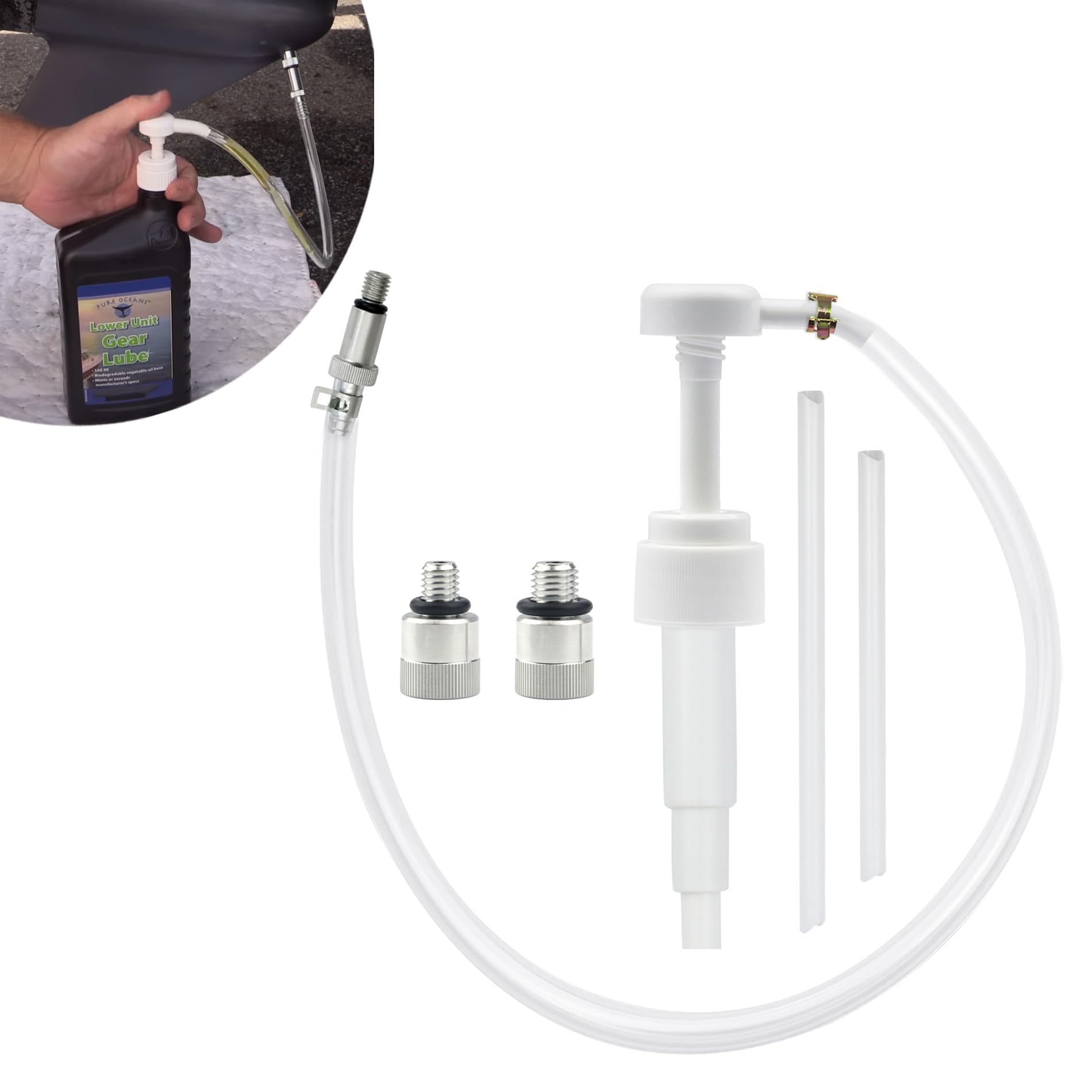 Lower Unit Gear Oil Pump for Standard Quart Bottles, Includes 3/8 inch Metal Swivel, 8mm and 10mm Adapters Fit Most Marine and M