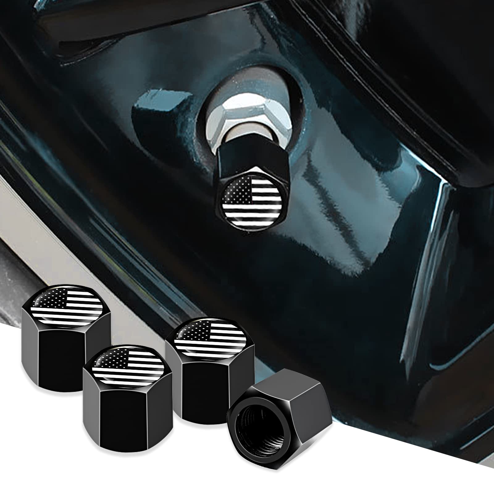 Ajxn 4 Pcs B&W American Flag Car Wheel Tire Valve Stem Caps Airtight Dust Proof Covers Universal Tire Air Valve Caps For Cars, T