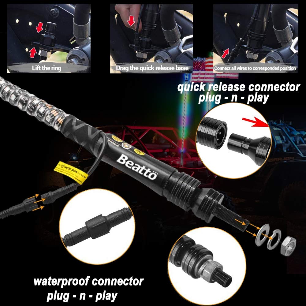 Beatto 3Ft(0.9M) Rf Remote Control Rgb Led Whips Light With Dacning/Chasing Light Led Antenna Light For Off- Road Vehicle Atv Ut