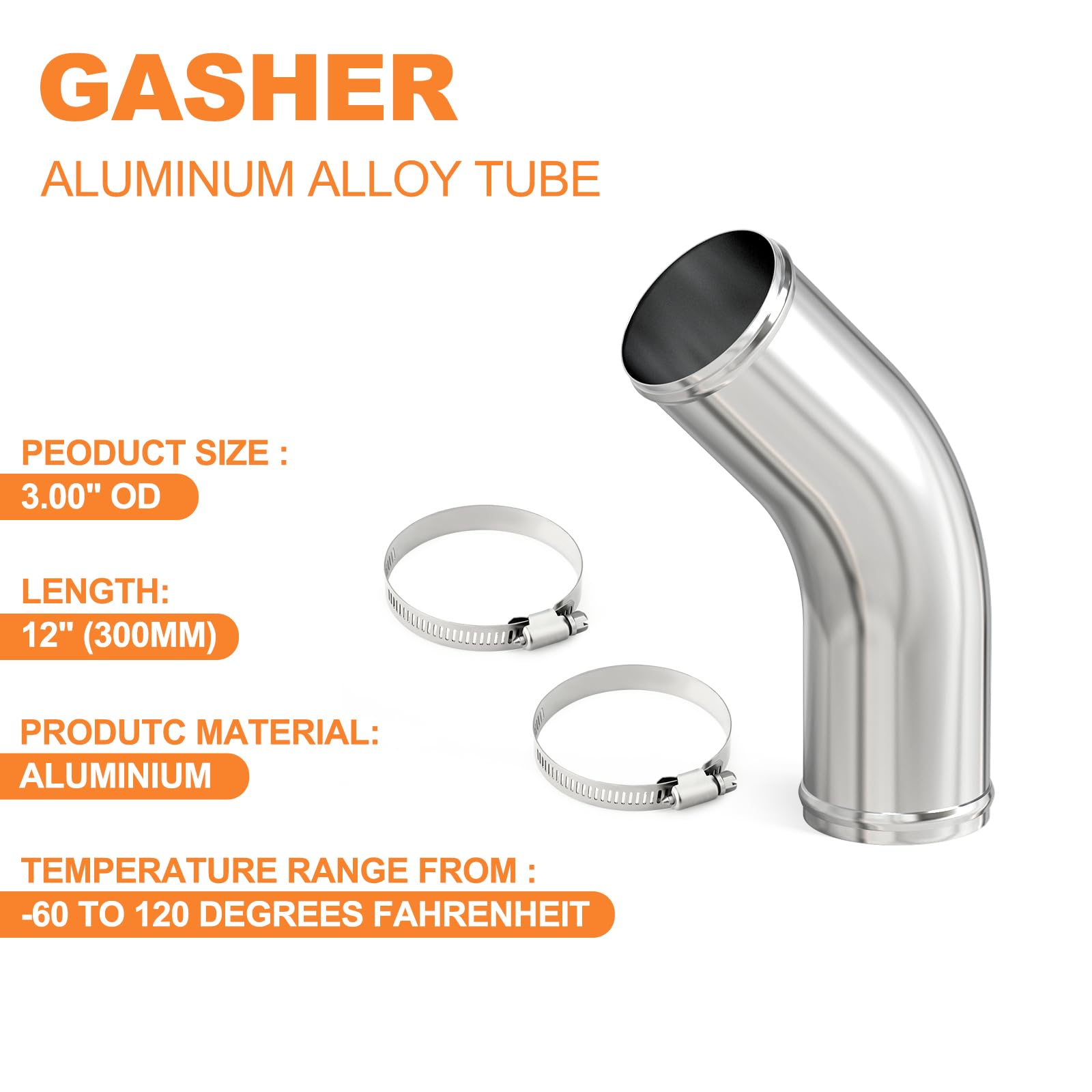 GASHER 3OD 45 Degree Elbow Aluminum Alloy Tube, 12 Leg Length Intercooler Pipe with Clamps for Intake and Cooling Systems