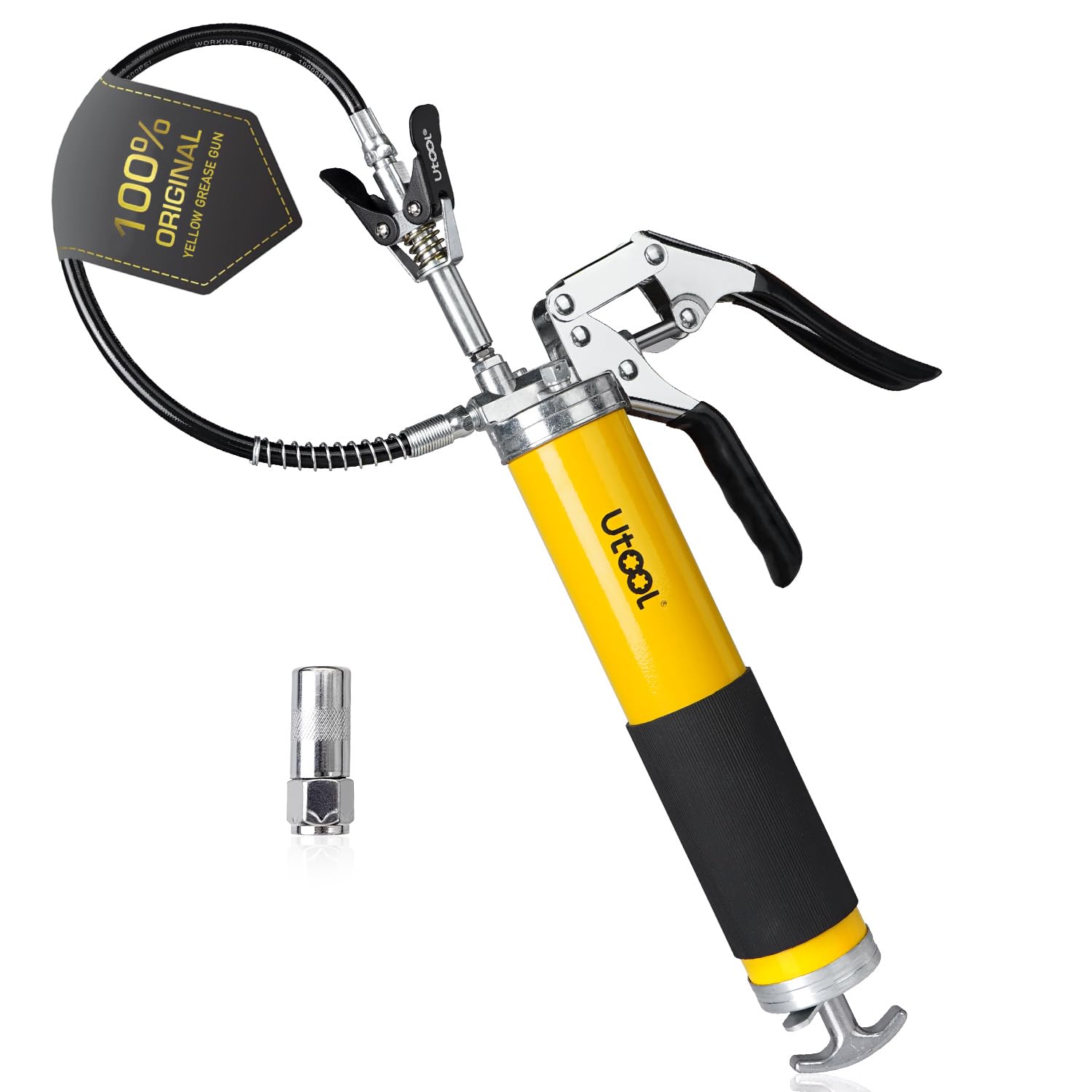 Utool Grease Gun, 8000 Psi Heavy Duty Pistol Grip Grease Gun Kit With 14 Oz Capacity, 18 Inch Resin Flex Hose, 1 Patented Double Handle Coupler, 1 Basic Coupler