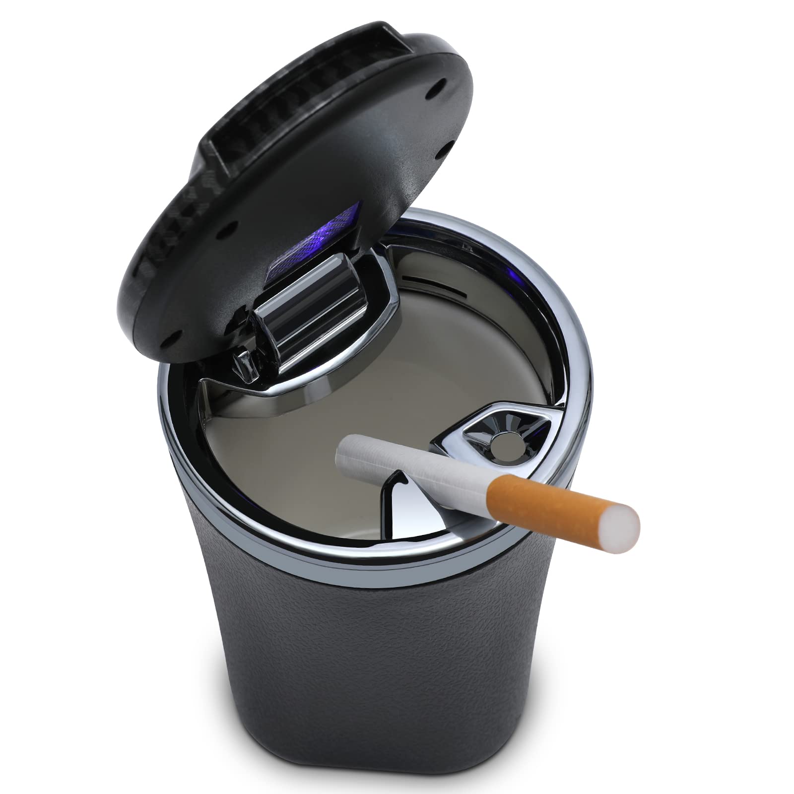 Car Ashtray With Lid Auto Ashtrays Smell Proof Smokeless Ashtray For Car Easy Clean Up Detachable Ash Tray With Led Blue Light (Black)