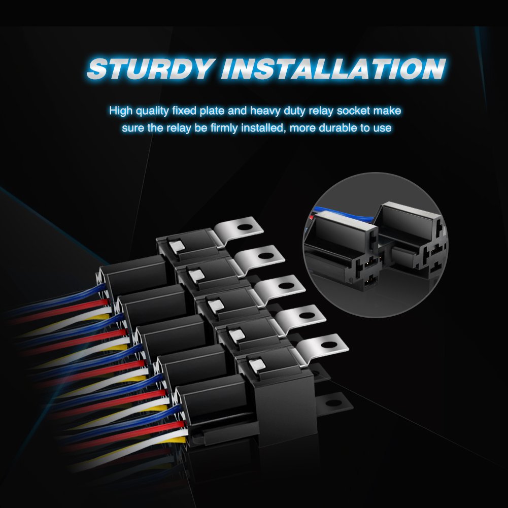 Nilight 50003R Automotive Set 5-Pin 30/40A 12V Spdt With Interlocking Relay Socket And Wiring Harness-5 Pack, 2 Years Warranty