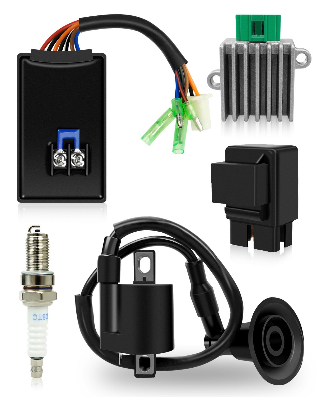 5Pcs Cdi Box Ignition Coil Kit Fit For Polaris Sportsman 90 Scrambler 90 50 Predator 90 50 2001-2007 With Voltage Regulator Rectifier Starter Relay Solenoid And Spark Plug