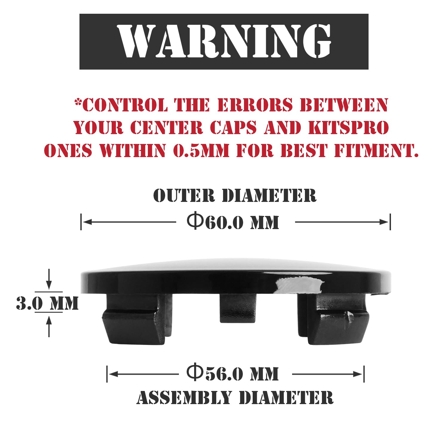 Kitspro 2.4Inch 60Mm Wheel Center Caps, Pack Of 4 (Gloss Black, Outer 60Mm, Inner 56Mm)