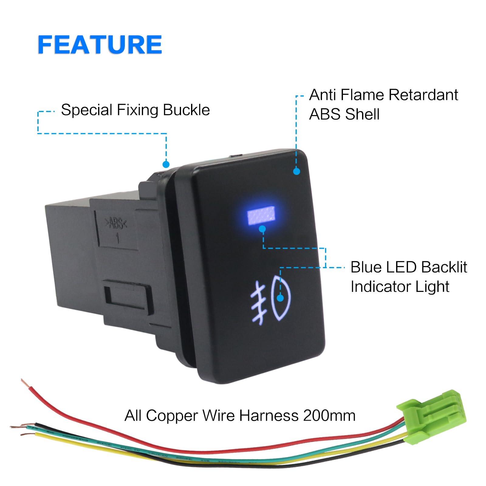 iztor 12v Push Button Switch Blue LED Multi-Purpose Switches Waterproof Toggle Switch with 4 Wires Connector Kit for Various Toyota Tacoma Tundra FJ Cruiser Car Modification-Fog Lamp