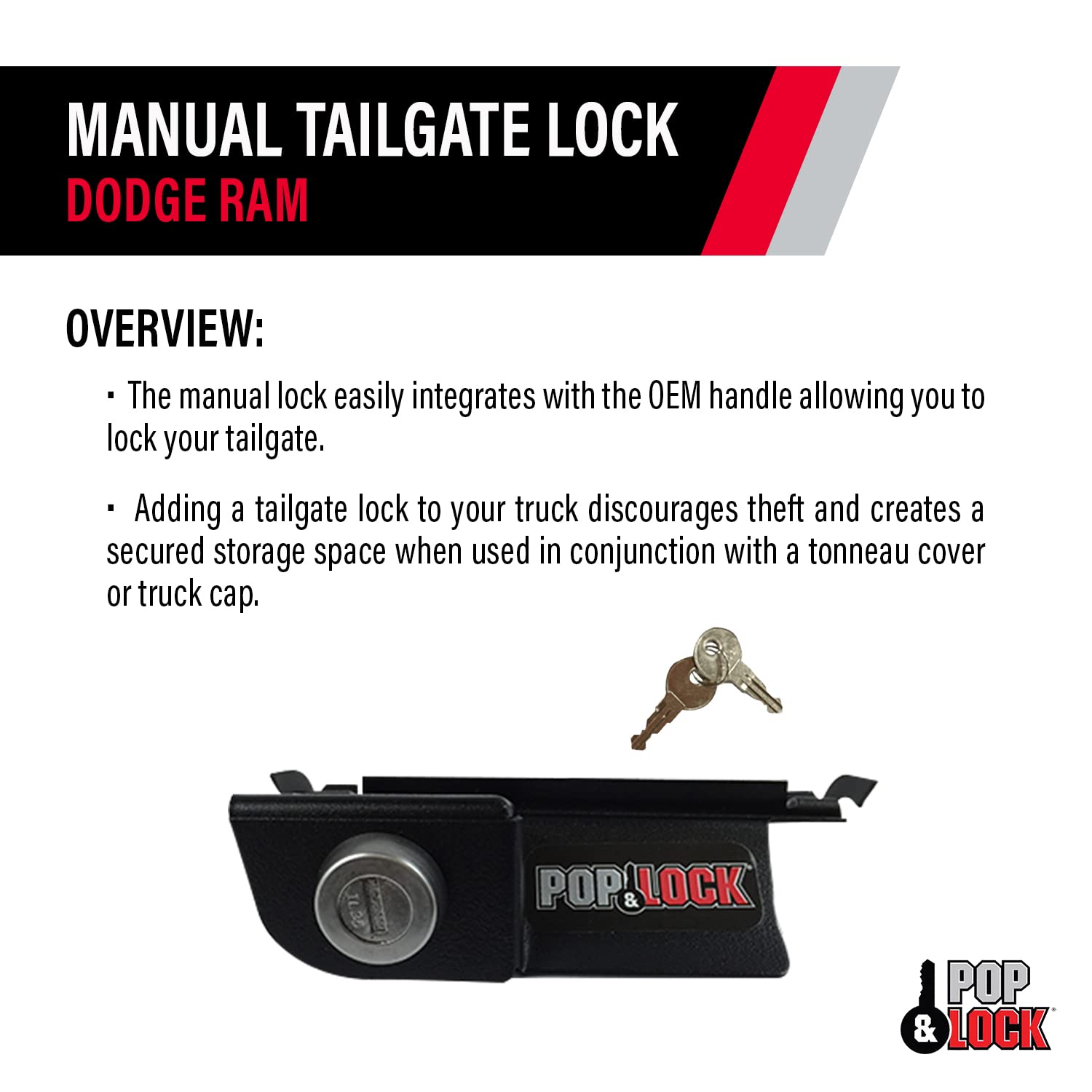 POP & LOCK - Manual Tailgate Lock for Dodge Ram 1500, 2500, and 3500, Fits 2002 to 2008 (Black, PL3400, Works with No Factory Lo