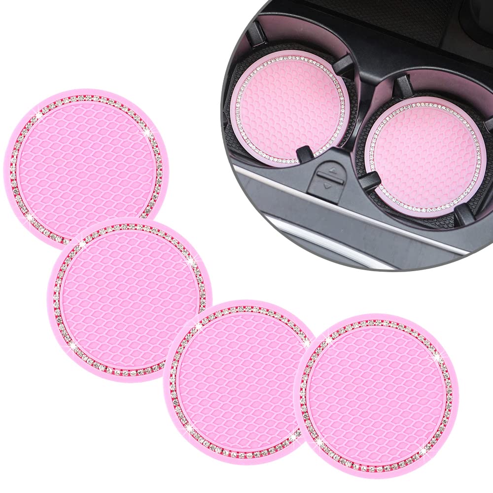 Car Coasters For Cup Holders, 2.75 Inch Auto Cup Holder Insert Coasters Silicone Anti-Slip Crystal Rhinestone Cute Drink Car Cup Mat, 4Pcs Bling Car Accessories For Women & Lady (Pink)