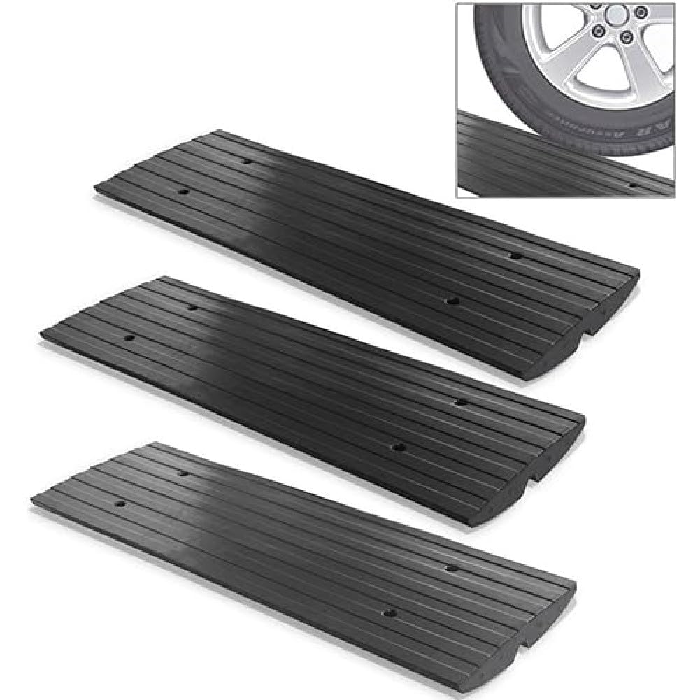 Pyle Car Driveway Adjustable Curb Ramps - 3 Pack Heavy Duty Rubber Threshold Ramp Kit Set -For Loading Dock, Garage, Sidewalk, T