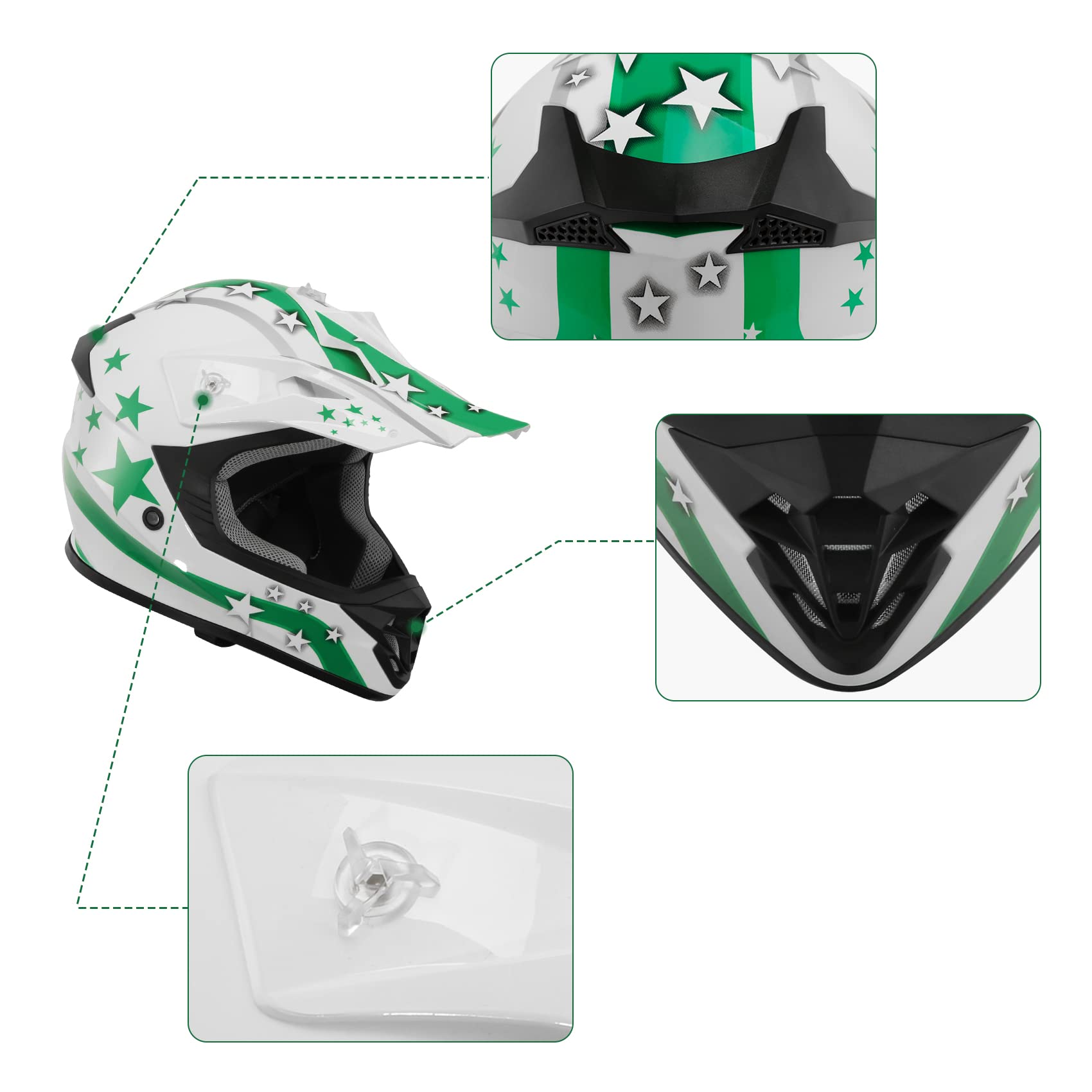 Tct-Motorparts Dot Youth Atv Helmets W/Goggles+Gloves Kids Motocross Offroad Street Dirt Bike Helmet+Gloves+Goggles White W/Green Star Xl