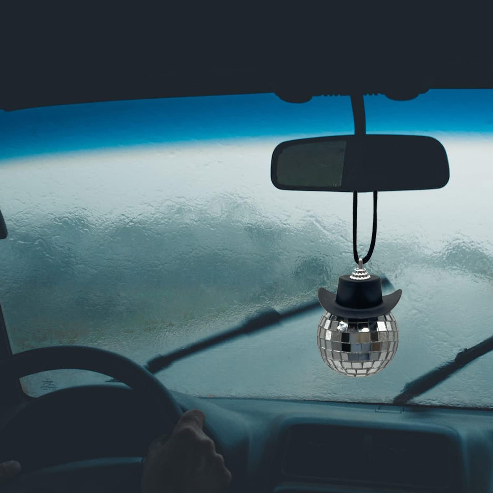 Spansee Black Disco Ball Cowboy Hat Car Accessory, Mirror Ornament, Interior Accessories