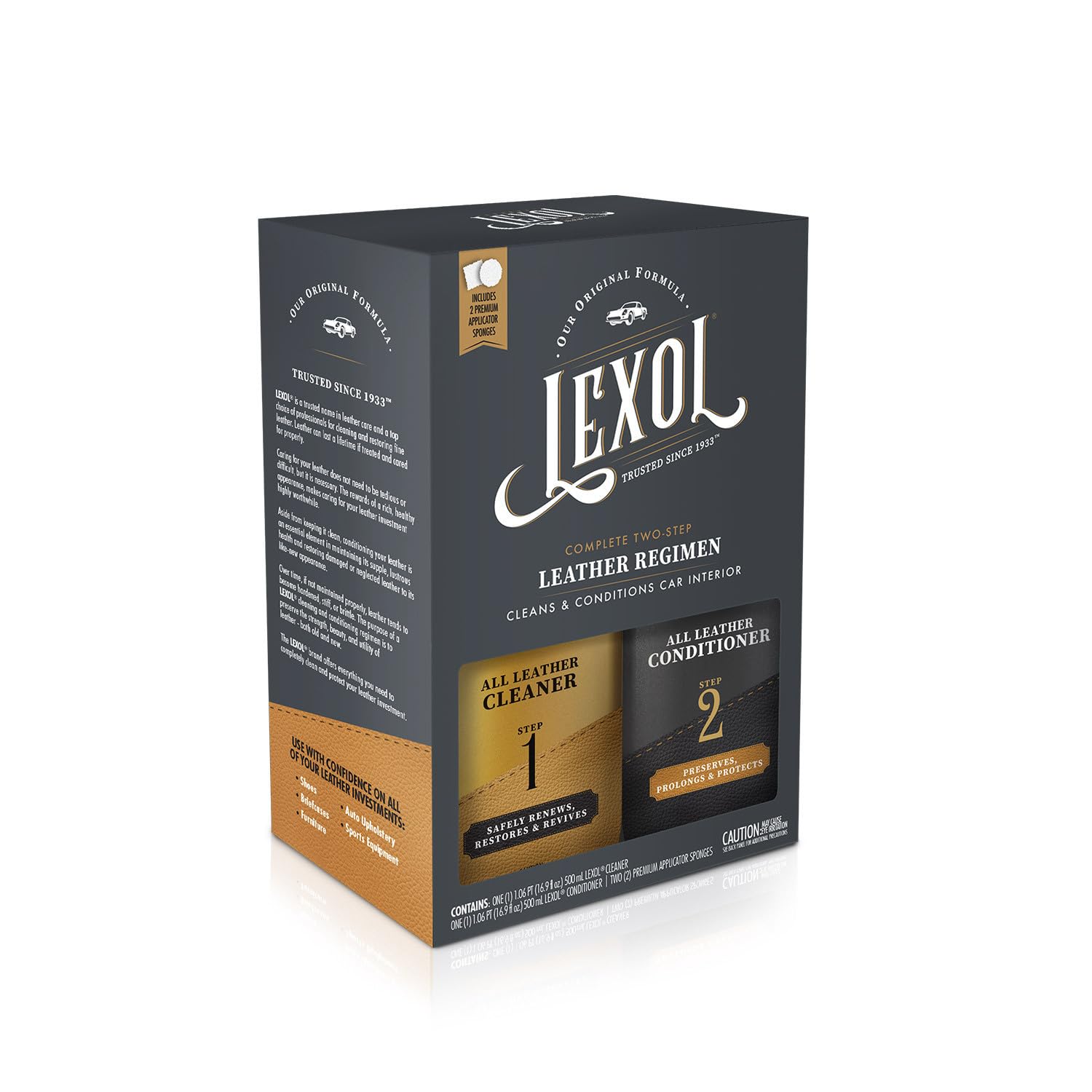 Lexol Leather Care Kit Conditioner and Cleaner, Use on Car Leather, Furniture, Shoes, Bags and Accessories, Trusted Leather Care Since 1933, Quick & Easy 2-Step Regimen, 16.9 oz Bottles Plus 2 Sponges,Black