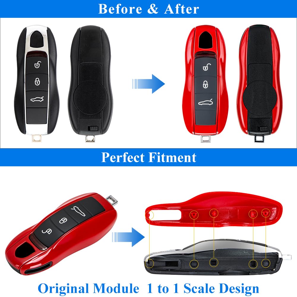 Aerobon 3-Piece Painted Key Cover Key Fob Shell Cover Compatible With Porsche Key Shell, Key Shell Replacement (Mk1, Red)