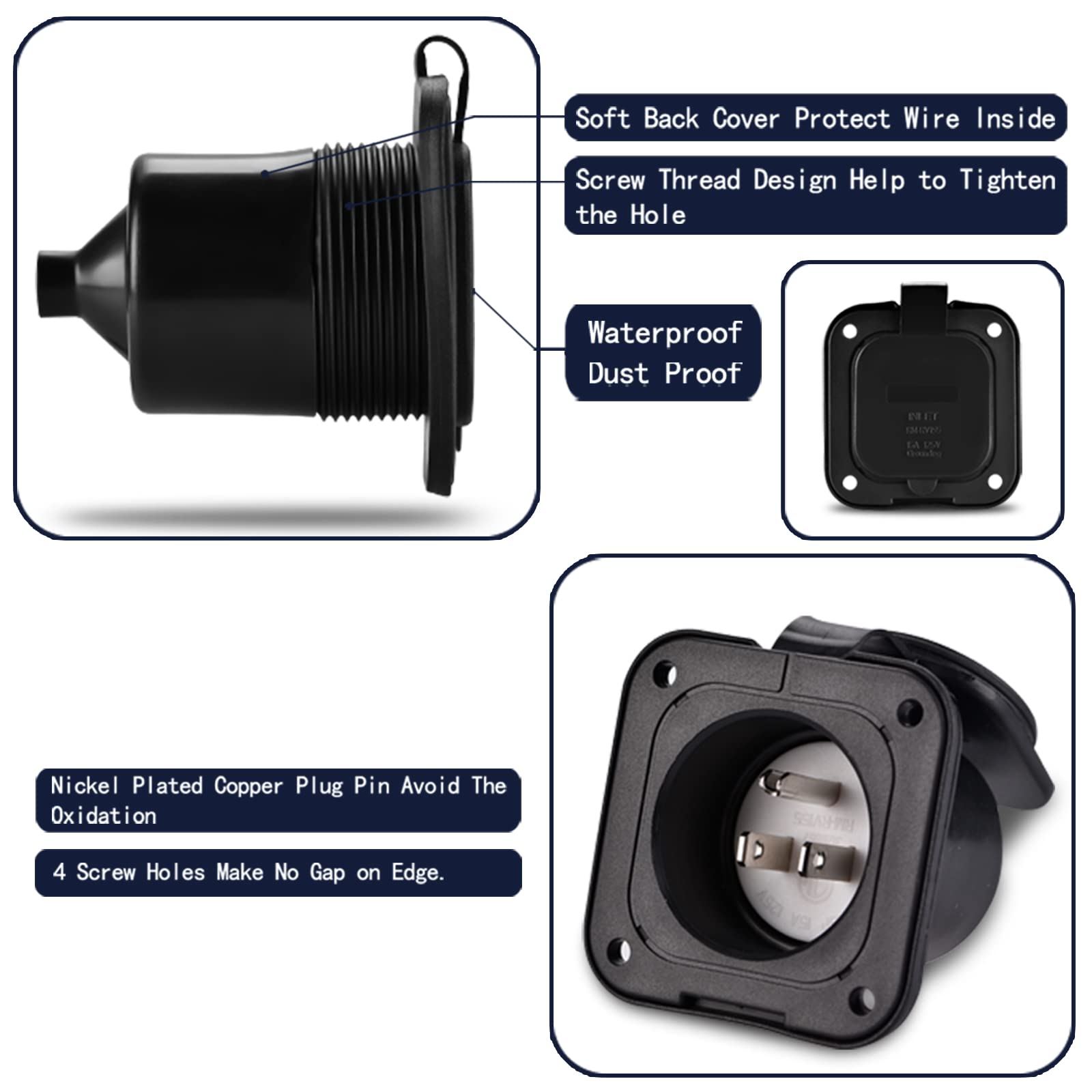 PAULINN 15 Amp 125V AC Power Inlet Port Plug W/ Integrated Dual 18'' Extension Cord, NEMA 5-15 RV Flanged Inlet Y Splitter Cable