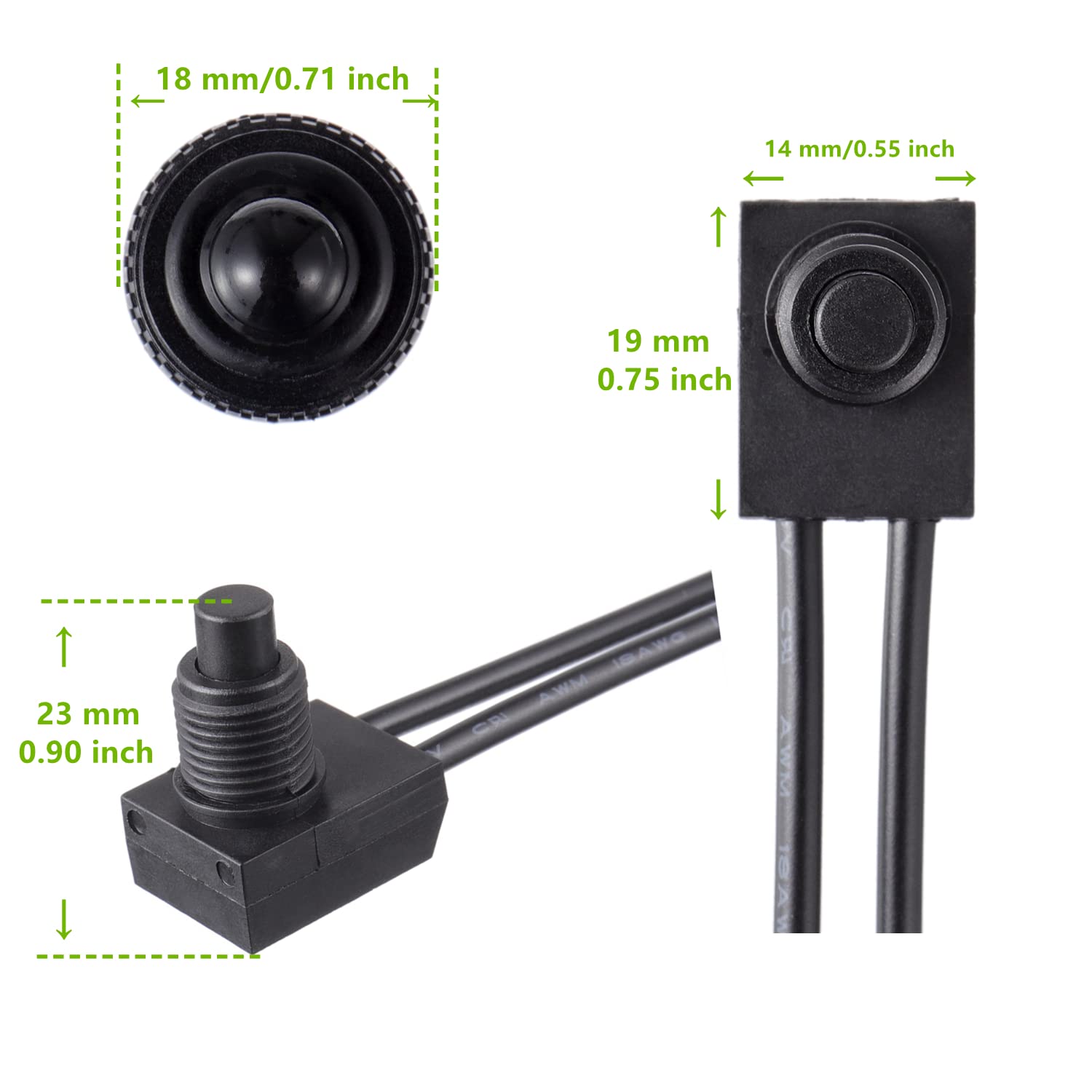 Eplzon Kp-107 Waterproof Push Button Switch 12V On/Off Spst Switch With 4.5''Lines For Motorcycle/Car(Pack Of 2Pcs,Black)