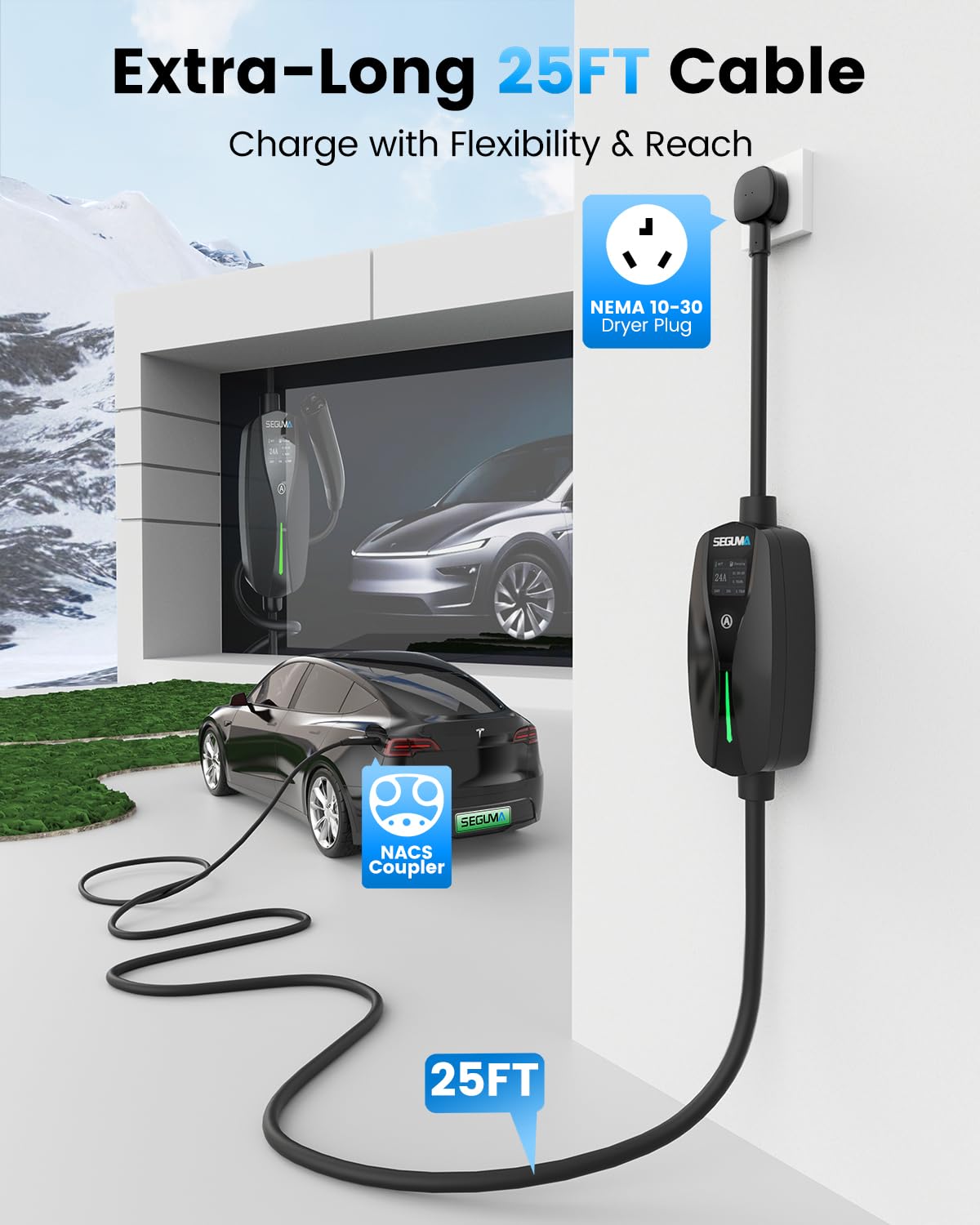 SEGUMA NEMA 10-30 Level 2 Tesla Charger-24A 240V, 25FT Extension Cable, Adjustable Current(10-24A)-Portable Home Mobile EV Charg