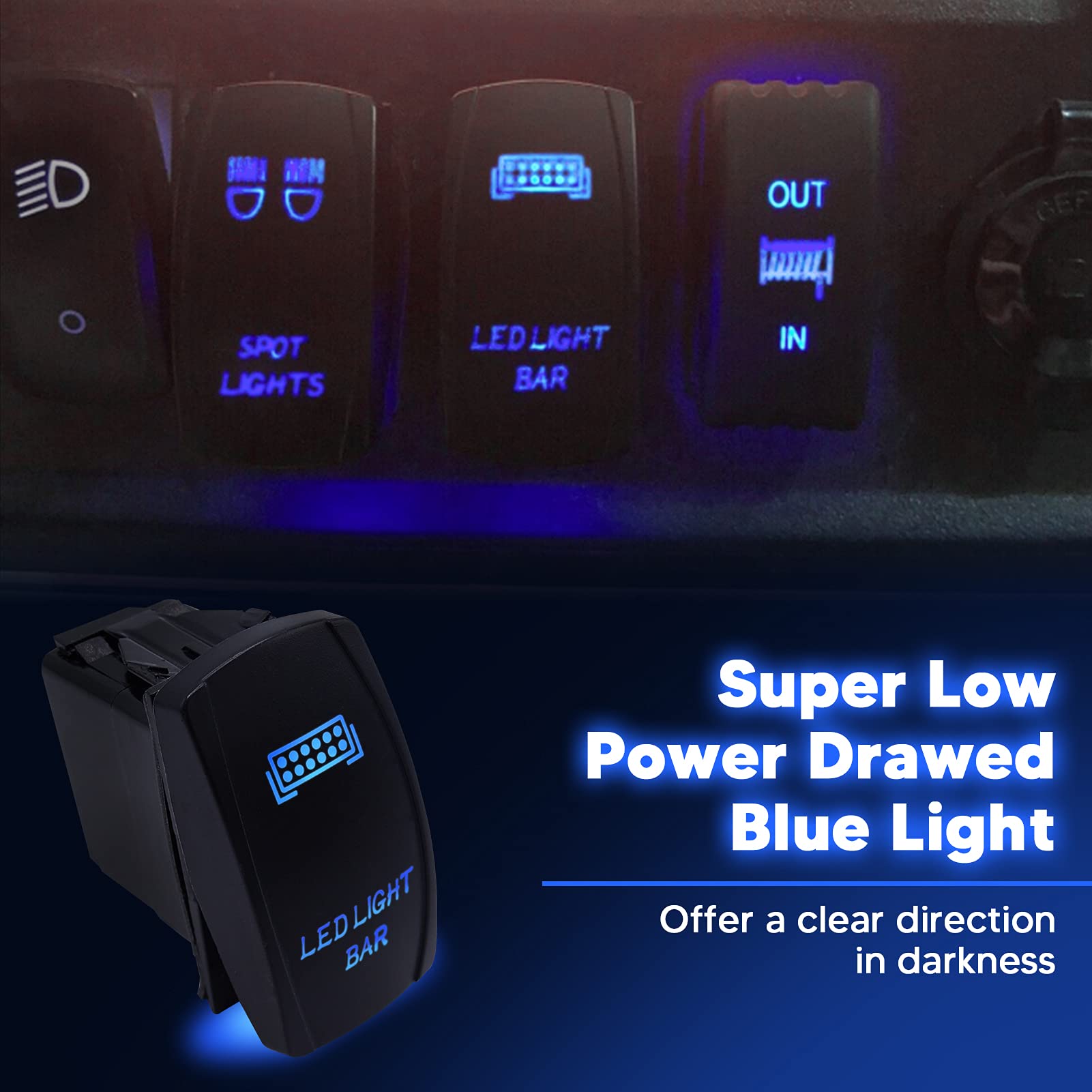 XJMOTO LED Light Bar Rocker Switch 5 Pin 20A 12V Blue Backlit Compatible with UTV Polaris Ranger RZR XP Turbo Can Am Commander M