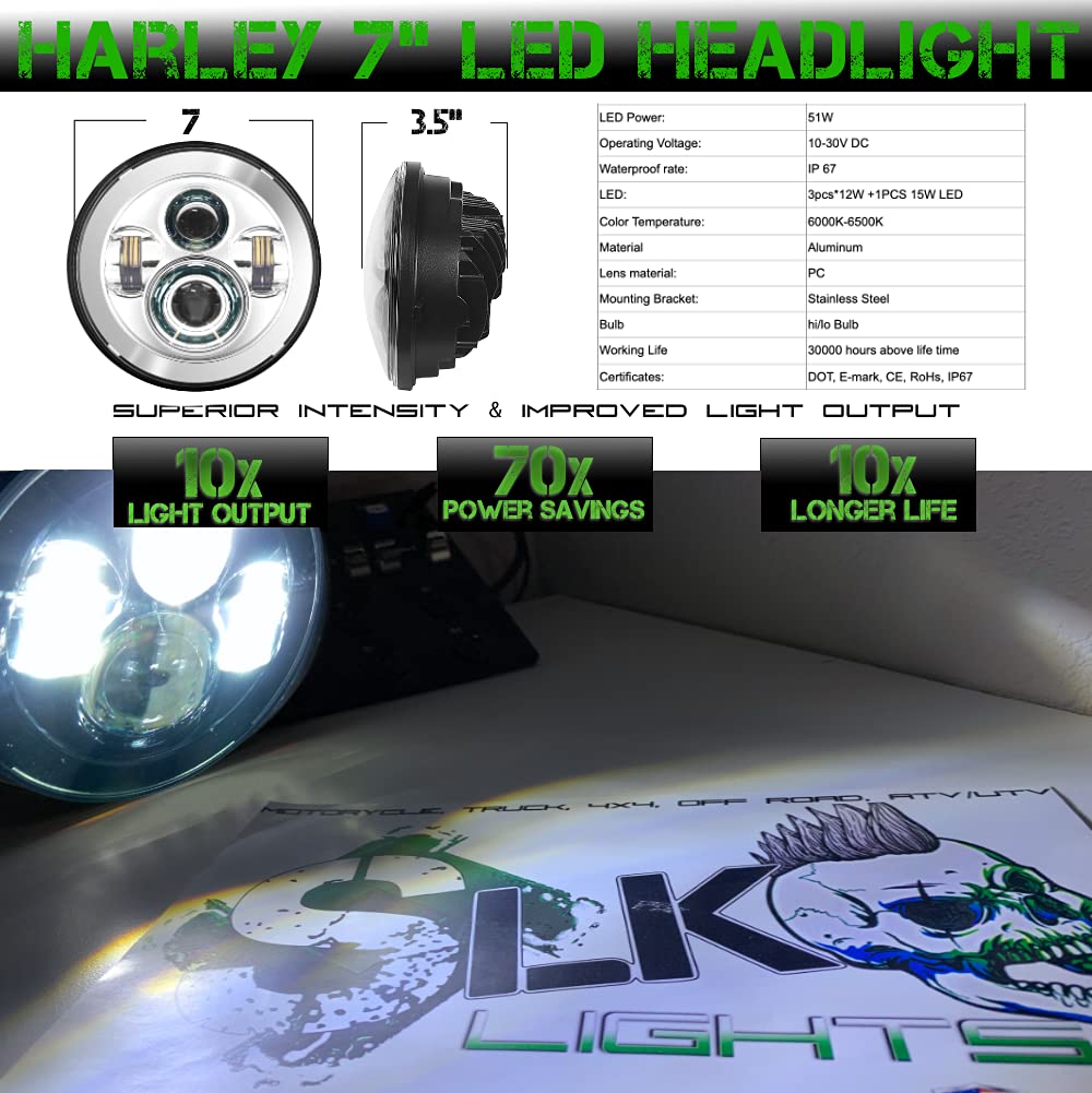 Slk-Customs 7 Inch Led Headlight Fog Passing Lights Dot Kit Ring Motorcycle For Harley Davidson Touring Road King Ultra Classic Electra Street Glide Heritage Softail Slim Deluxe Fatboy (Chrome)