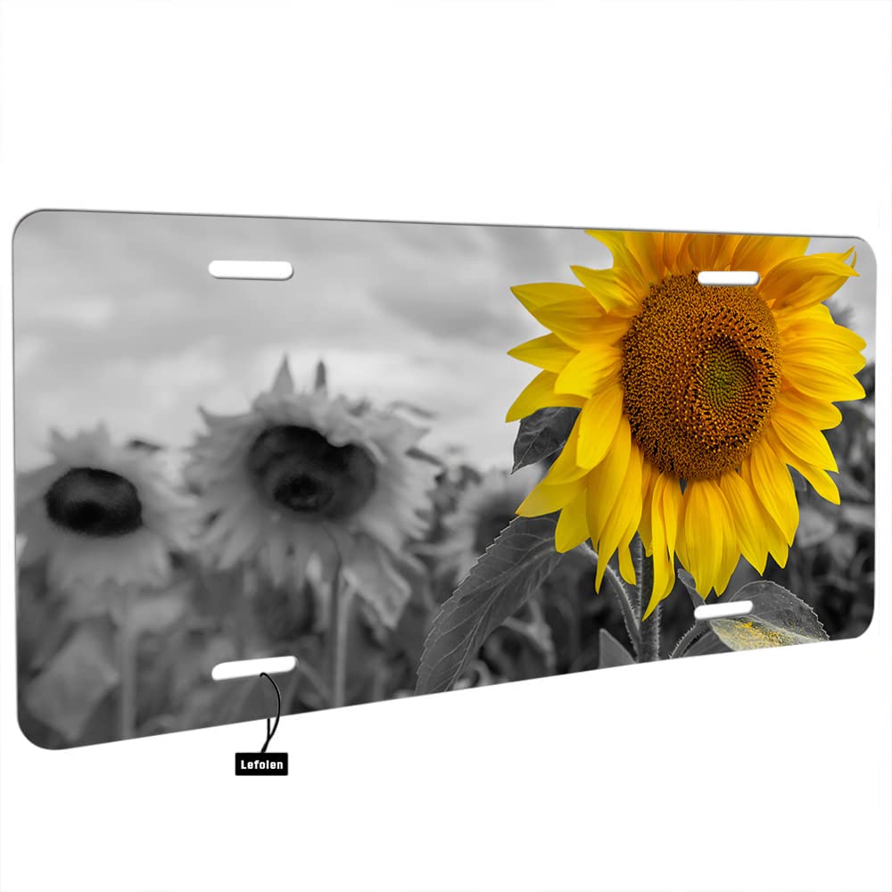 Lefolen Sunflower Front License Plate Bright Sunflower On Gray Sunflowers Field Metal Plates Vanity Tag Aluminum Novelty For Men