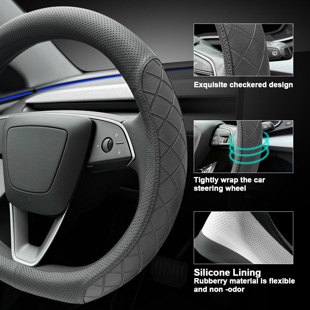 Lkwlikei Leather Steering Wheel Cover. Elegant Diamond Checkered Design, Non-Slip And Breathable, For Tesla Model 3/Y Steering W