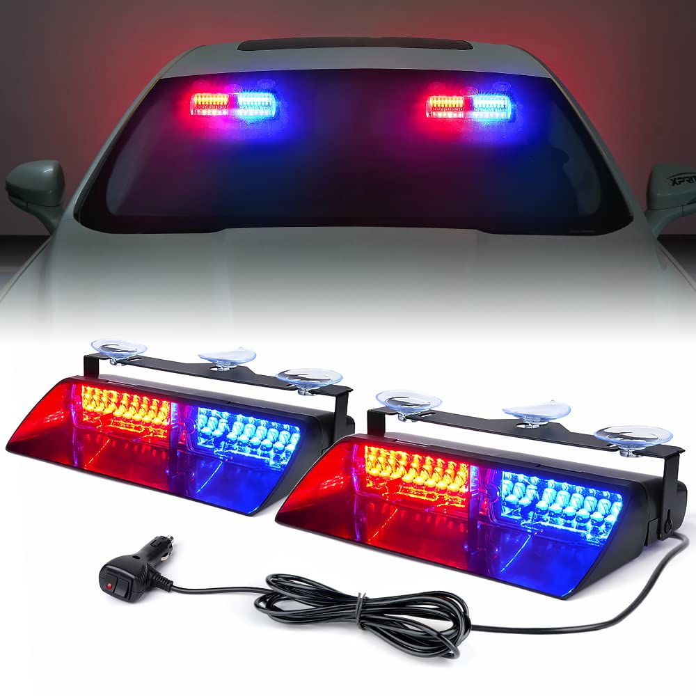 Xprite Red Blue Led Dual Windshield Strobe Lights - 32 Leds, 23 Modes, W/Suction Cups | Dash Visor Safety Warning For Law Enforc