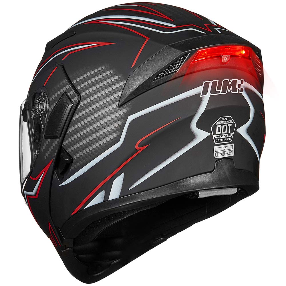 Ilm Motorcycle Dual Visor Flip Up Modular Full Face Helmet Dot Led Light Model 902L (S, Black Red - Led)