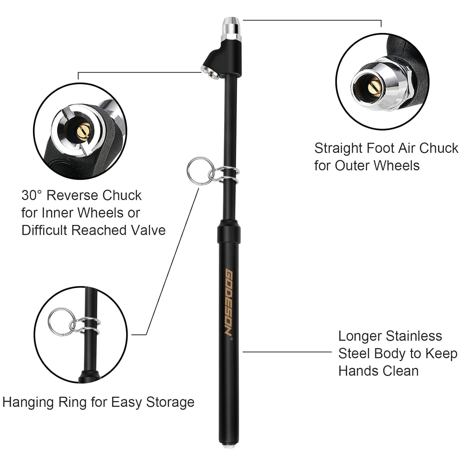 Godeson Heavy Duty Tire Pressure Gauge, Straight-On Dual Head Tire Air Gauge Range 10-150Psi, Extended Tube Tire Gauge Suitable