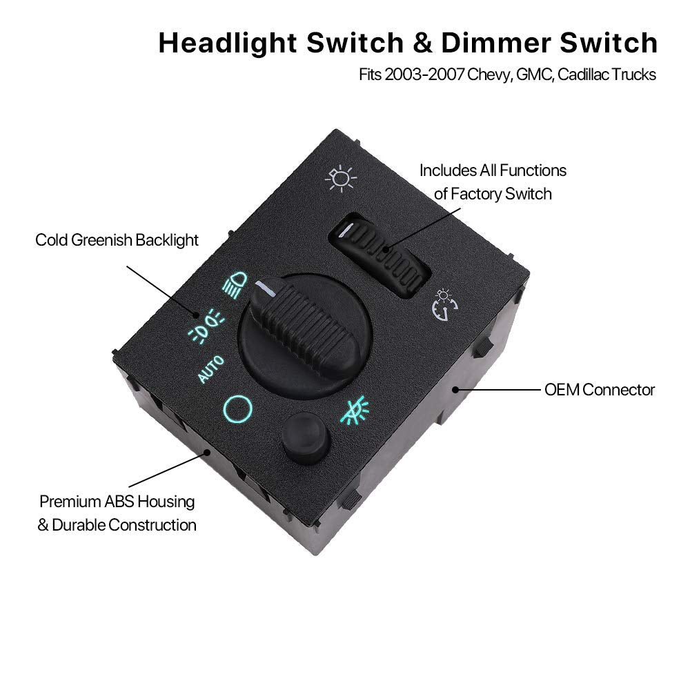 Headlight Switch Headlamp Dimmer Switch - Compatible With 2003-2006 Chevy Silverado, Suburban, Tahoe, Gmc Sierra, Yukon, Cadillac Escalade - Replace D1595G, 19381535, 15194803, 1S8489