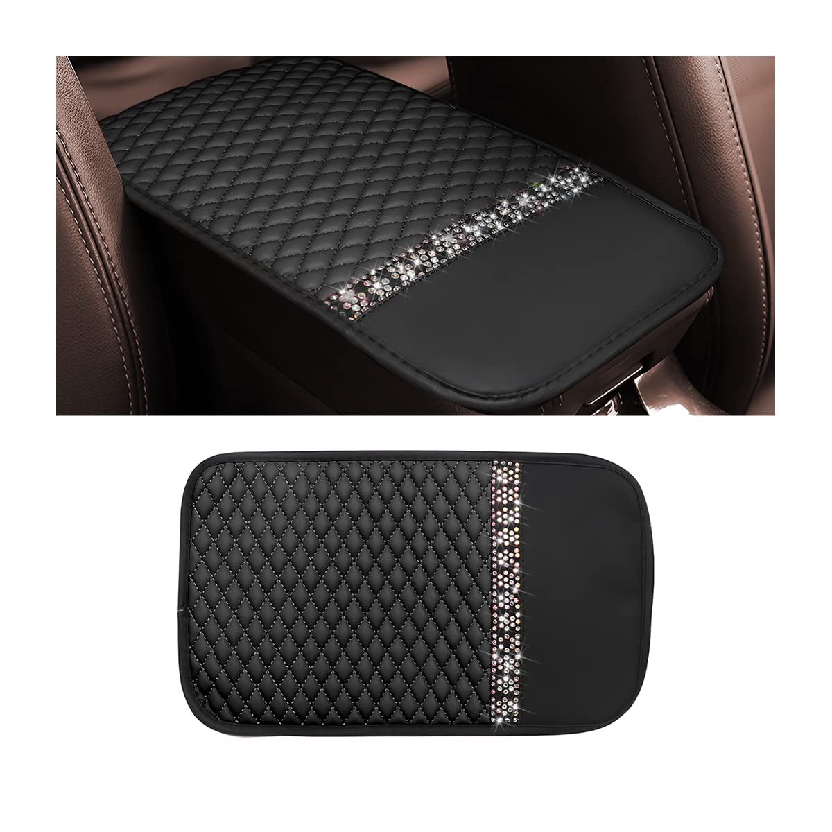 Bling Leather Car Center Console Cover, Car Center Console Protector With Glossy Crystal Rhinestone, Universal Waterproof Car Armrest Seat Box Cover For Most Car, Vehicles, Suvs, Trucks (Black)