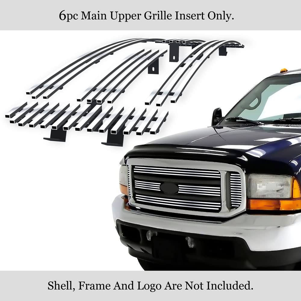 APS Compatible with Ford Excursion Bar Style 2000-2004 & 99-04 F-250 F350 F450 F550 SD Main Upper Stainless Steel Polished Chrome 8x6 Horizontal Billet Grille Insert F85399A