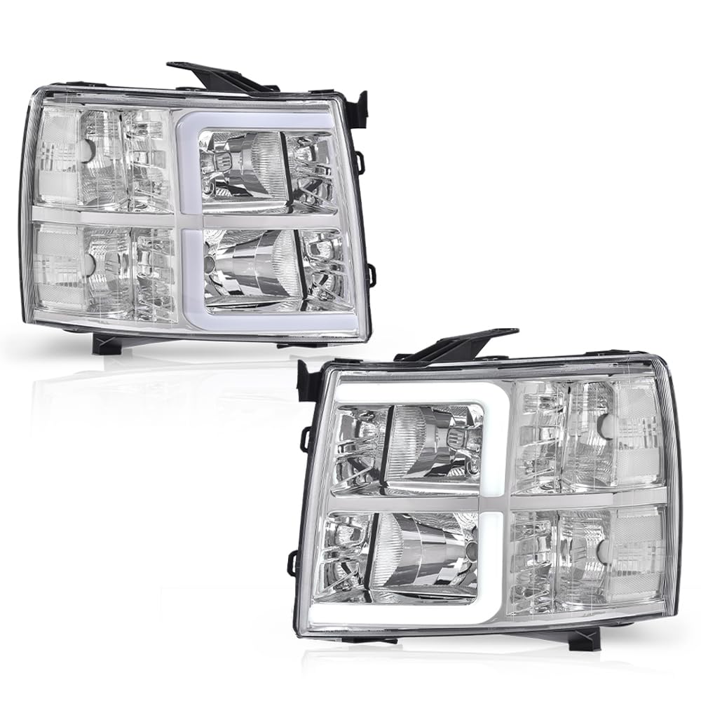 Cheda Led Drl Tube Projector Headlights W/O Bulb Clear Lens Chrome Housing Clear Reflector Compatible With Chevy Silverado 1500