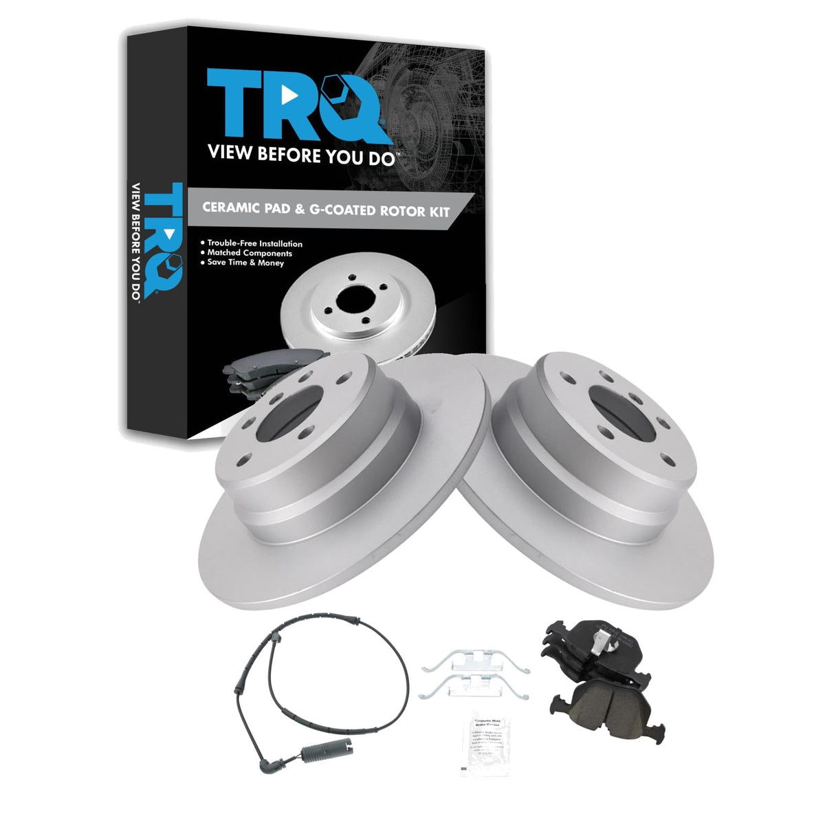 Trq Rear Brake Pad & Rotor Kit Brake Pad Wear Sensor Brake Pads Brake Rotor Ceramic Premium G-Coated Compatible With 2000-2006 B