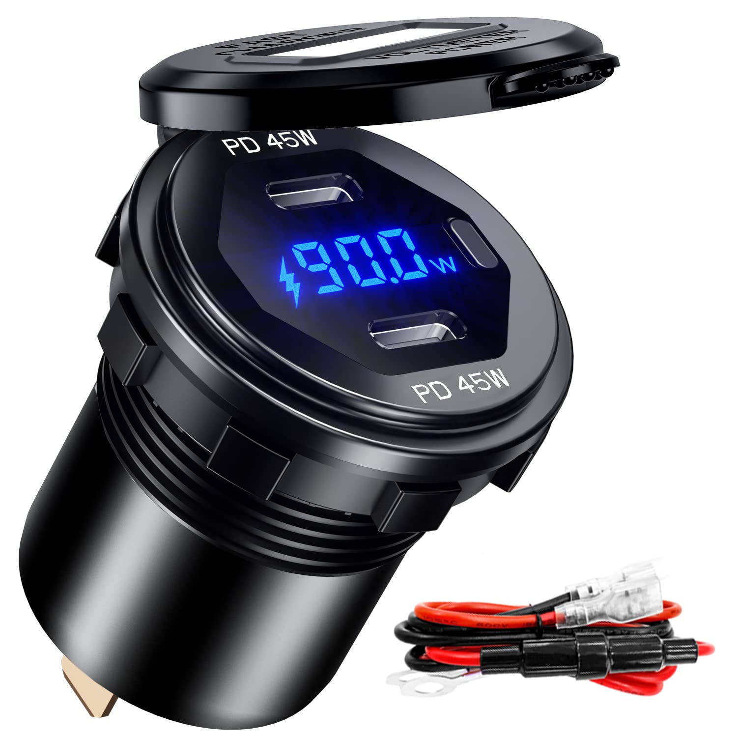 Batige Dual Pd 45W Usb C Charger Socket Fast Charge Dual Pd Usb C Port Waterproof With Switch Led Voltmeter And Wire Fuse Diy Ki